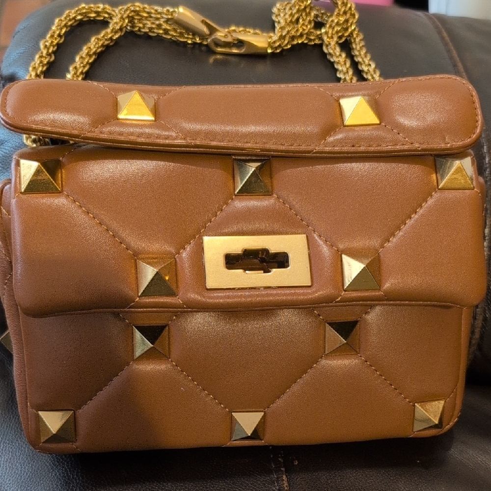 Brown Quilted Handbag with Gold Accents